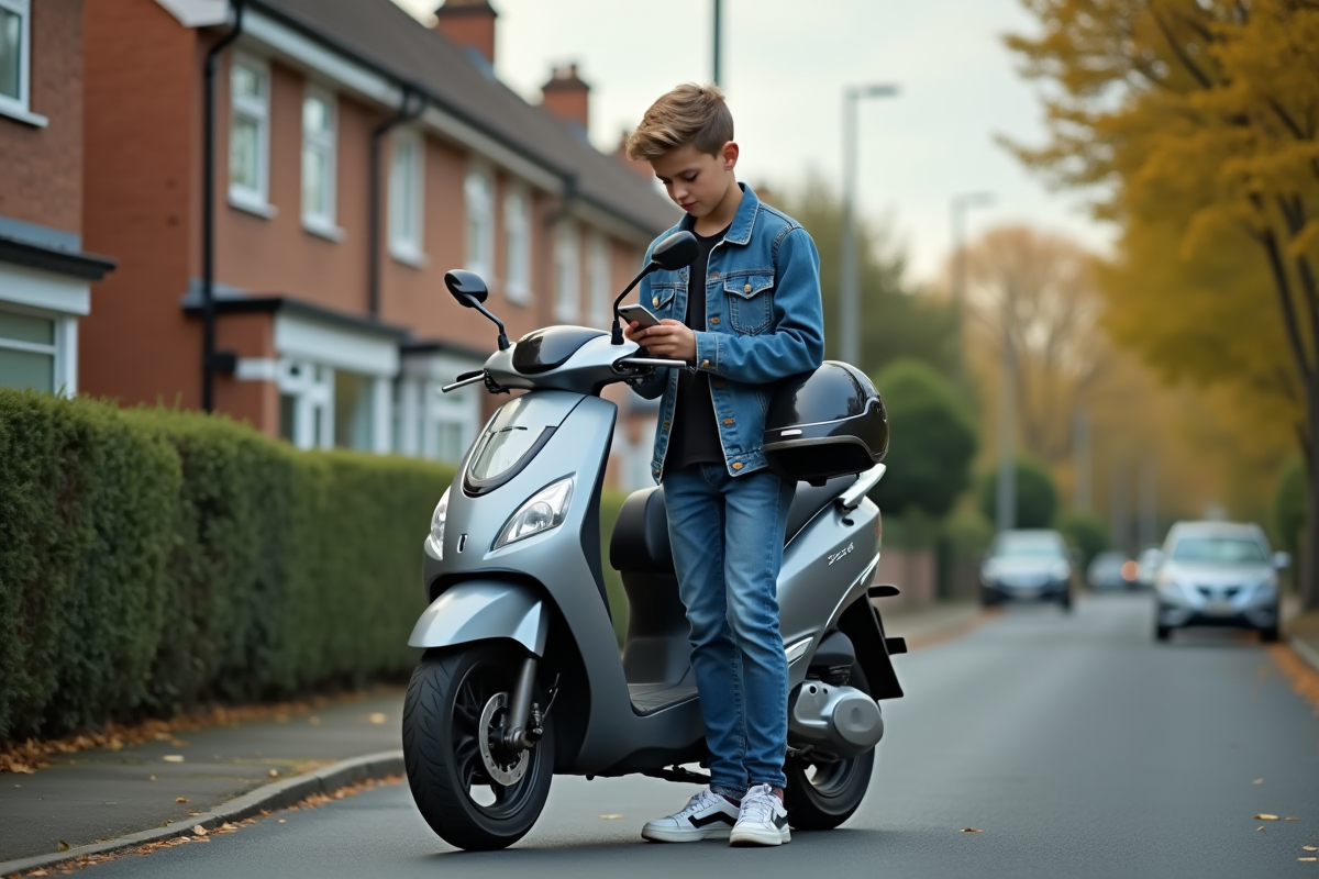 Jeune homme avec scooter en rue urbaine