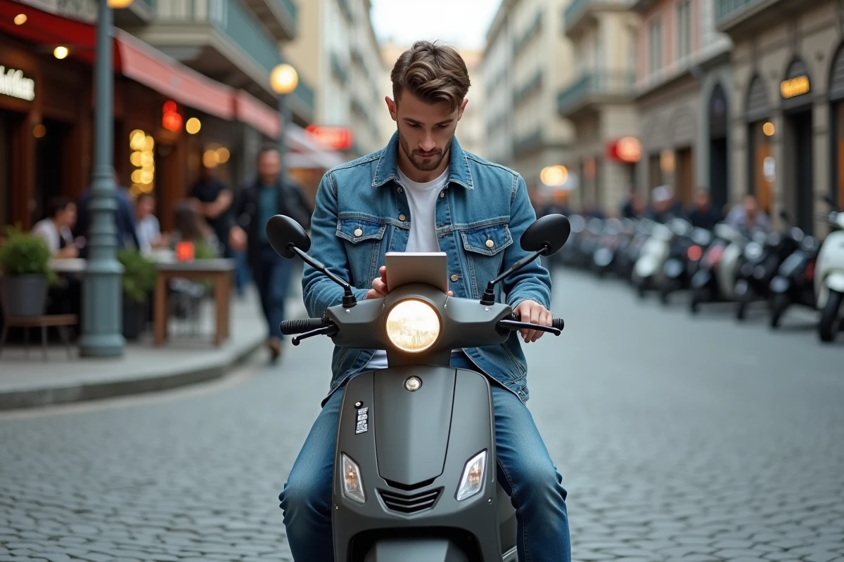 Jeune homme en denim sur scooter urbain à l'intersection