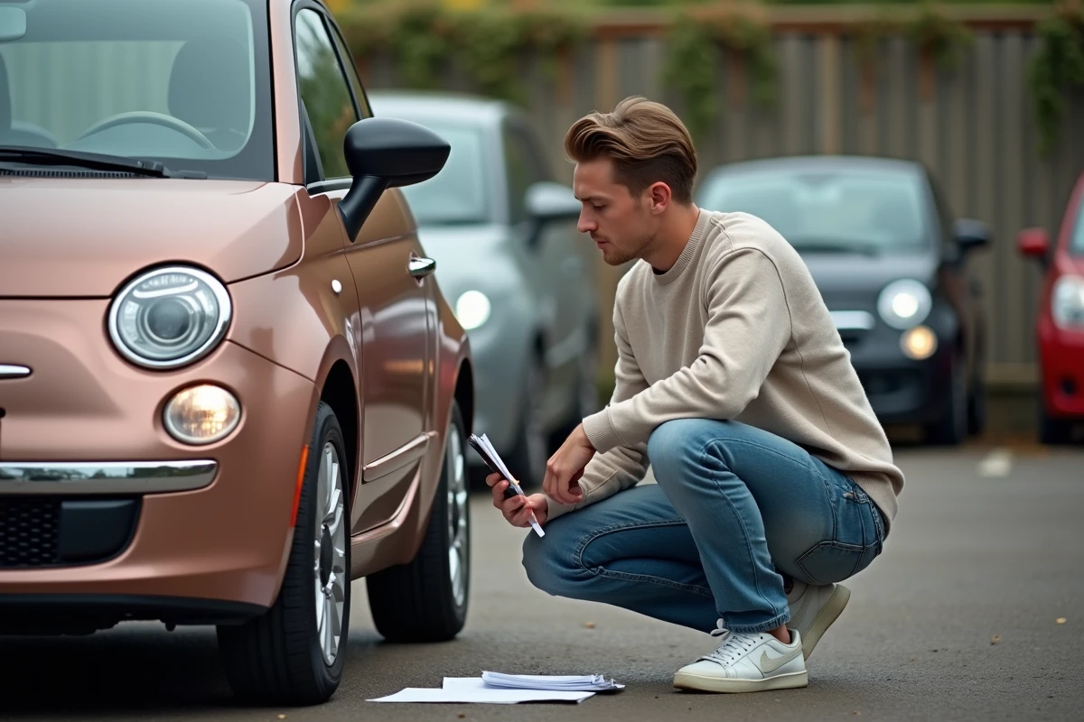 Jeune homme inspectant une Fiat 500 dans un lot de voitures