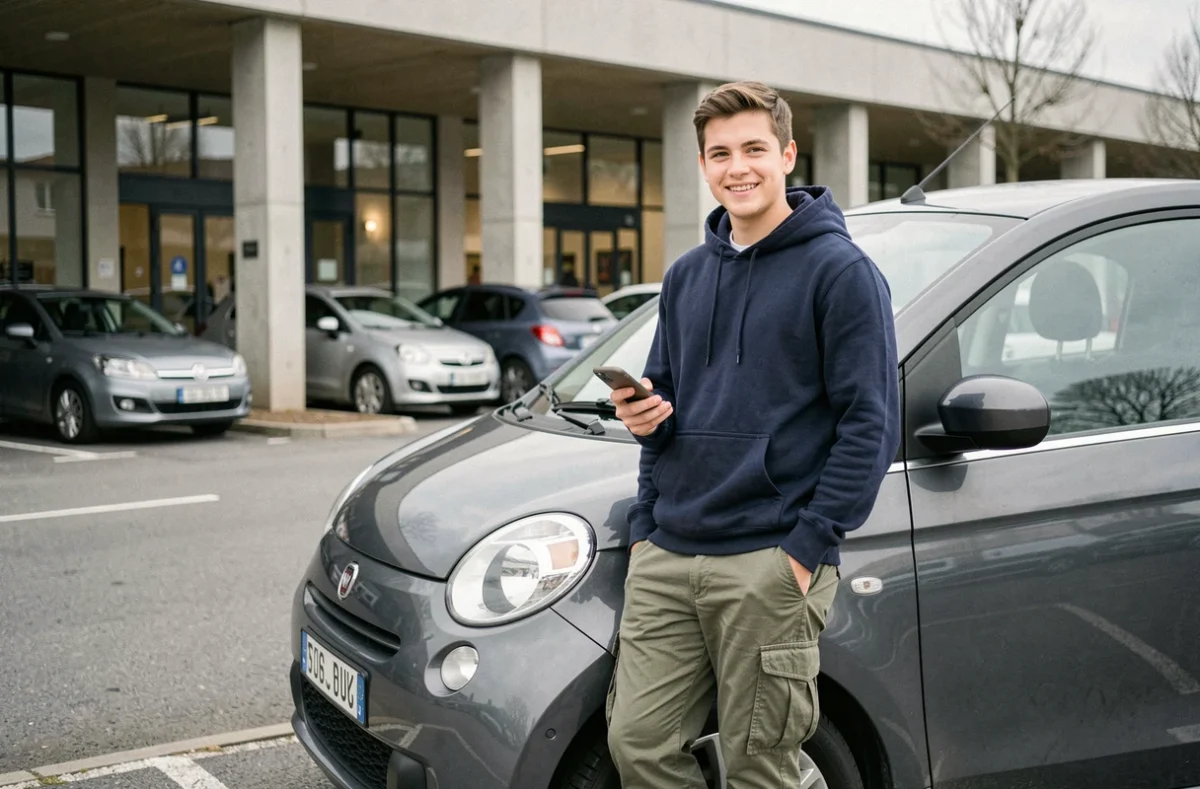 Jeune homme appuyé contre une voiture sans permis 4 places dans un parking suburban français