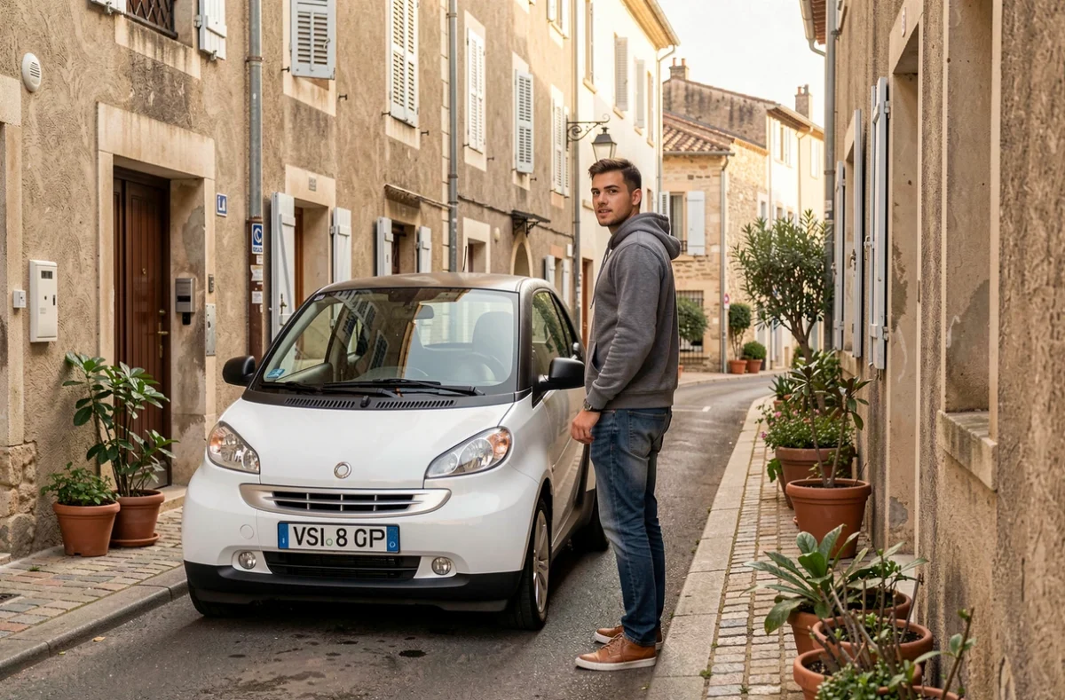 Jeune homme quittant une voiture sans permis dans une rue résidentielle d'Agen
