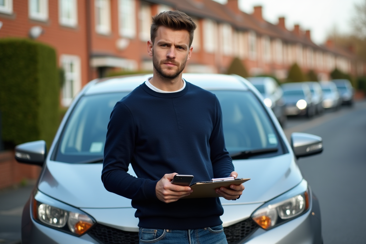 Jeune homme avec son véhicule en milieu urbain