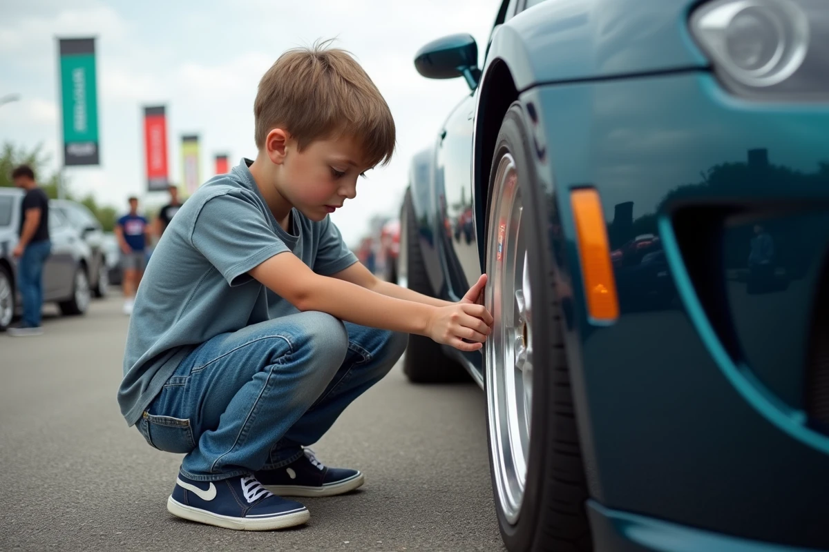 Adolescent inspectant une voiture de sport personnalisée