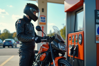 Jeune motard faisant le plein à une station moderne