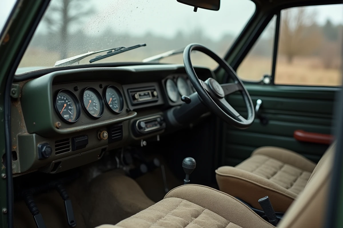 Intérieur authentique d'un Lada Niva 4x4 avec tableau de bord analog et levier de boîte de transfert