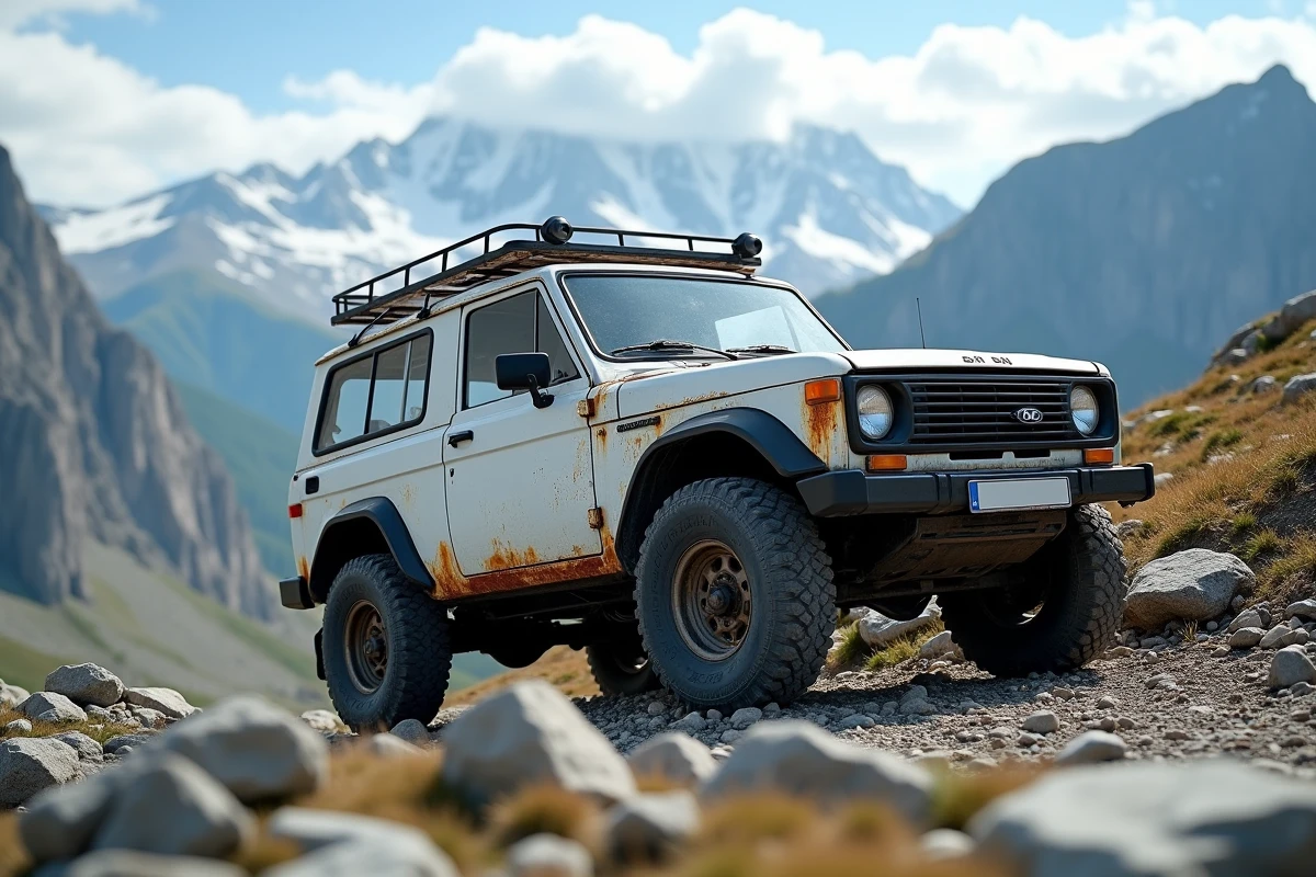 Lada Niva 4x4 blanc franchissant un sentier rocailleux en montagne avec des sommets enneigés en arrière-plan