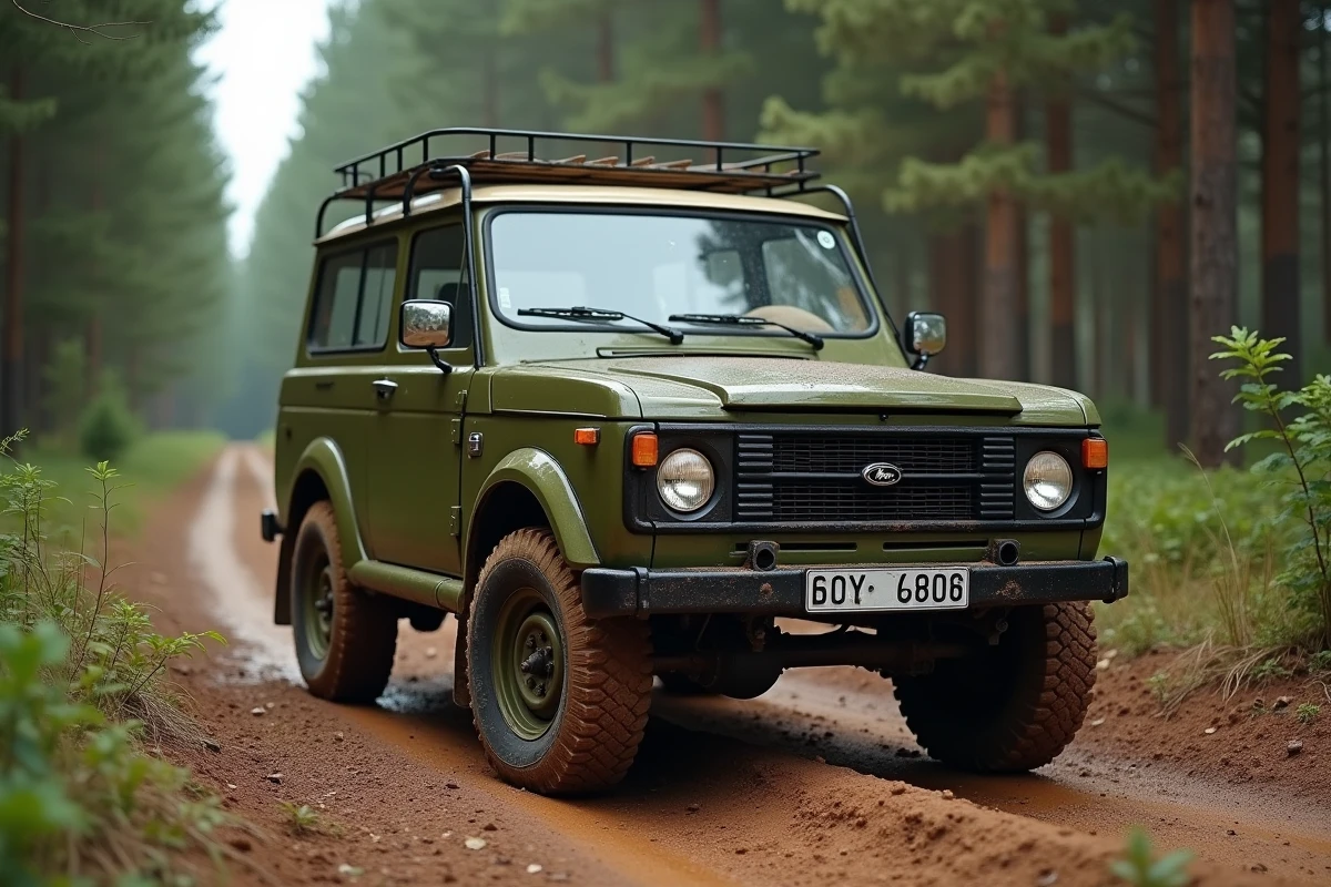 Lada Niva 4x4 vert kaki garé sur une piste forestière boueuse, vue trois quarts avant