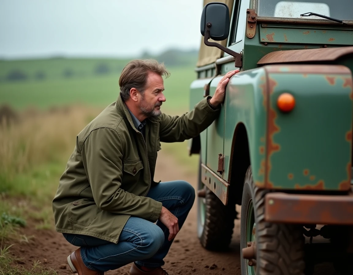 Passionné Land Rover inspectant un vieux Series III en pleine campagne, illustrant la communauté des landistes