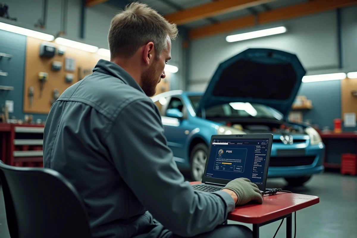 Mécanicien utilisant un outil de diagnostic OBD2 sur ordinateur portable pour lire le code défaut P2563 sur une Peugeot HDi