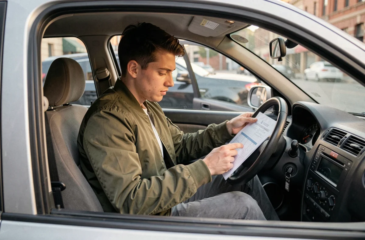 Jeune conducteur malussé lisant son contrat d'assurance auto assis au volant de sa voiture en ville