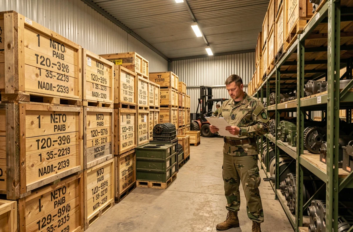 Entrepôt logistique de pièces détachées pour blindés avec officier examinant un inventaire dans une base militaire
