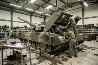Techniciens militaires effectuant la maintenance d'un char Challenger 2 dans un hangar de réparation de l'armée britannique