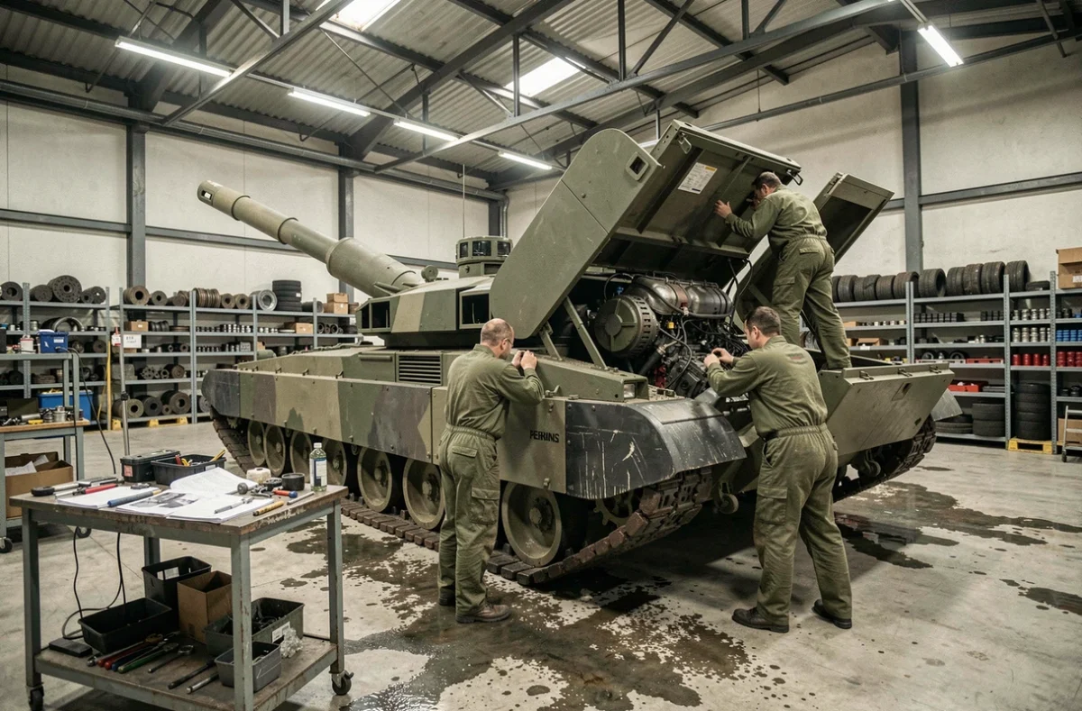 Techniciens militaires effectuant la maintenance d'un char Challenger 2 dans un hangar de réparation de l'armée britannique