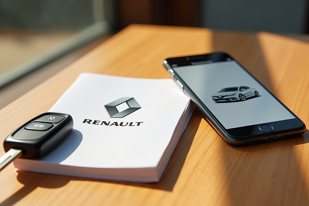 Manuel de voiture Renault et clé sur une table en bois avec smartphone
