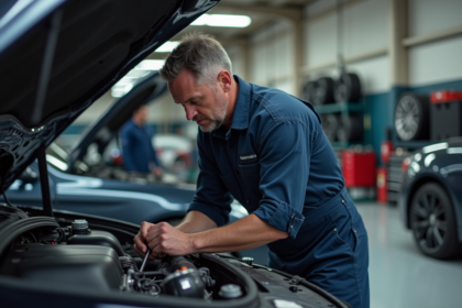 Mécanicien homme en overalls ajustant une pièce moteur