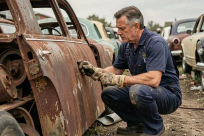 Mécanicien inspectant une pièce de carrosserie ancienne dans une casse automobile en France