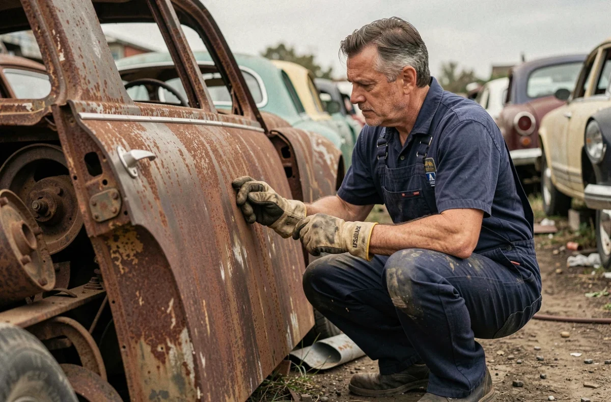 Mécanicien inspectant une pièce de carrosserie ancienne dans une casse automobile en France