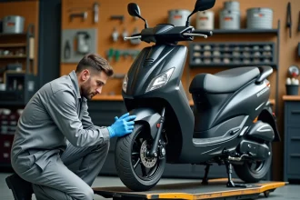 Mécanicien professionnel effectuant un contrôle technique scooter dans un atelier moto agréé