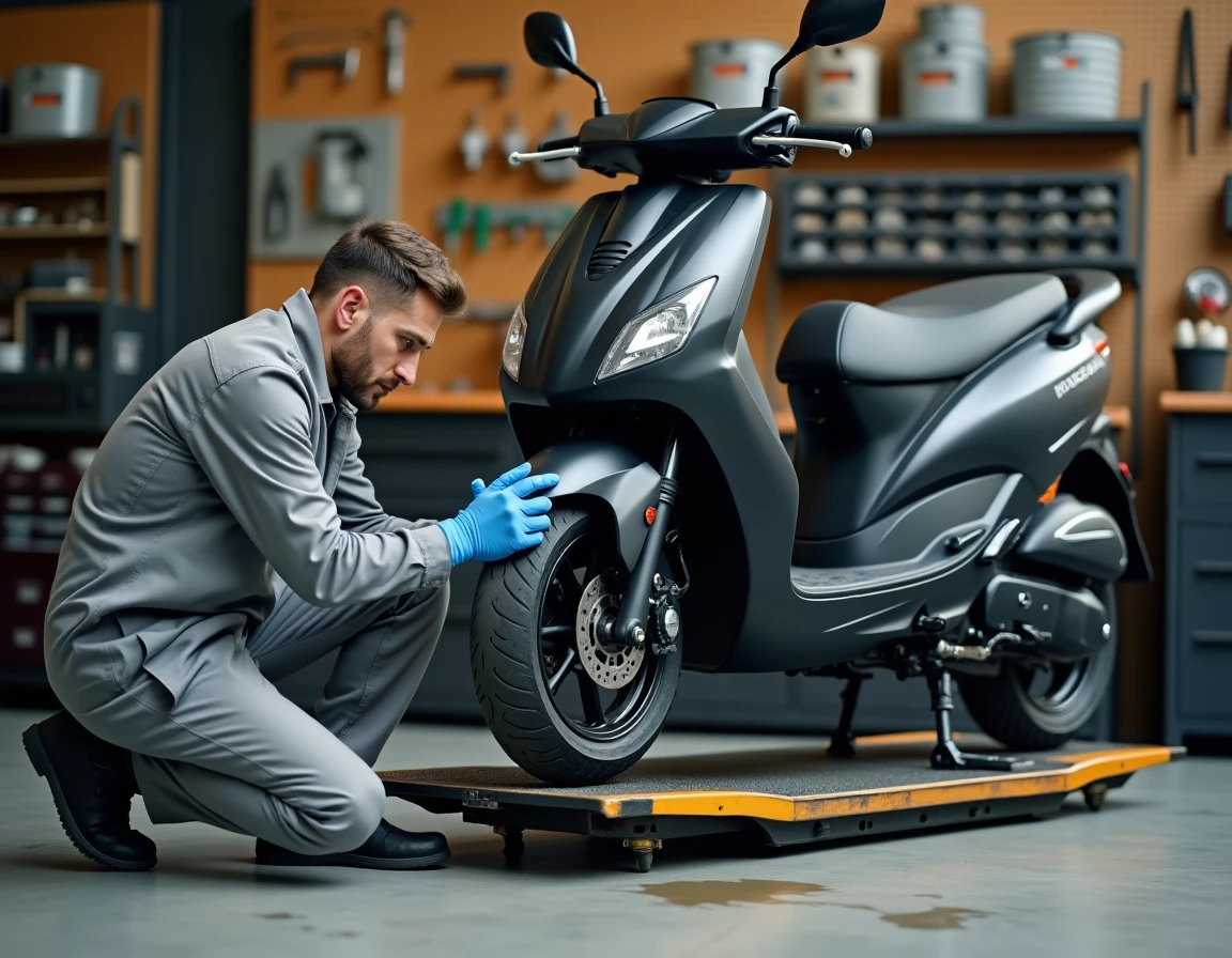 Mécanicien professionnel effectuant un contrôle technique scooter dans un atelier moto agréé