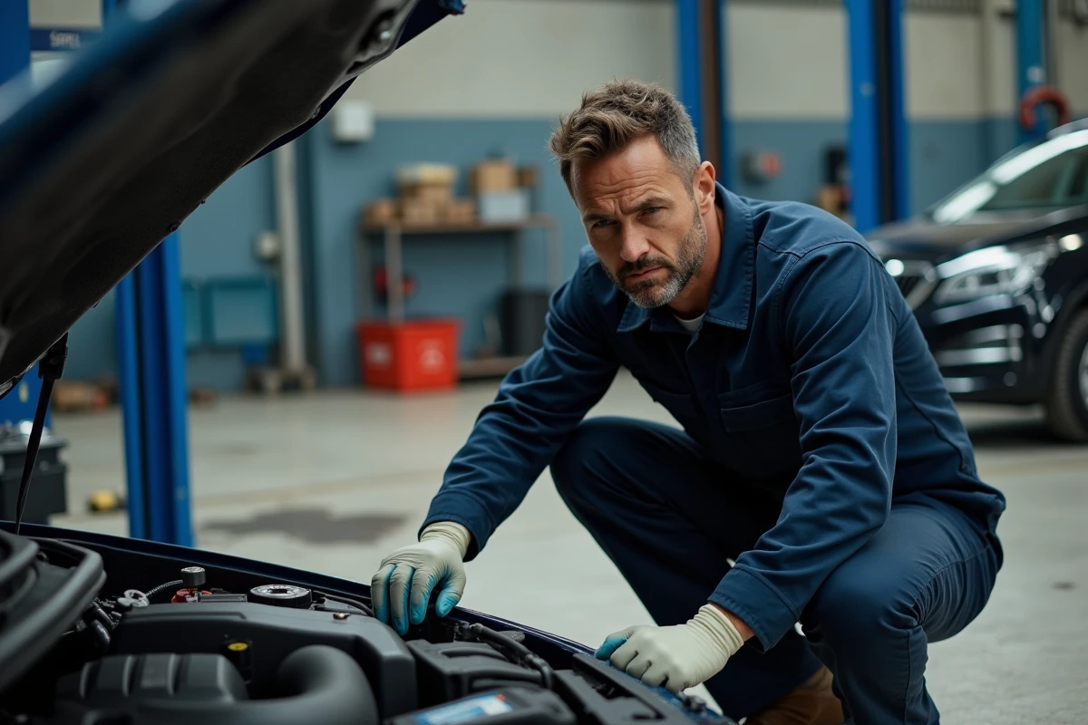 Mécanicien inspectant le moteur d'une Peugeot après l'allumage d'un voyant orange