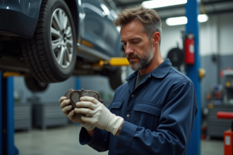 Mécanicien homme inspectant des plaquettes de frein usées