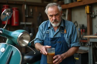 Mécanicien homme en overalls bleus avec mélange carburant scooter