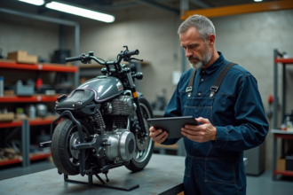 Mécanicien moto homme en atelier examinant un moteur moderne