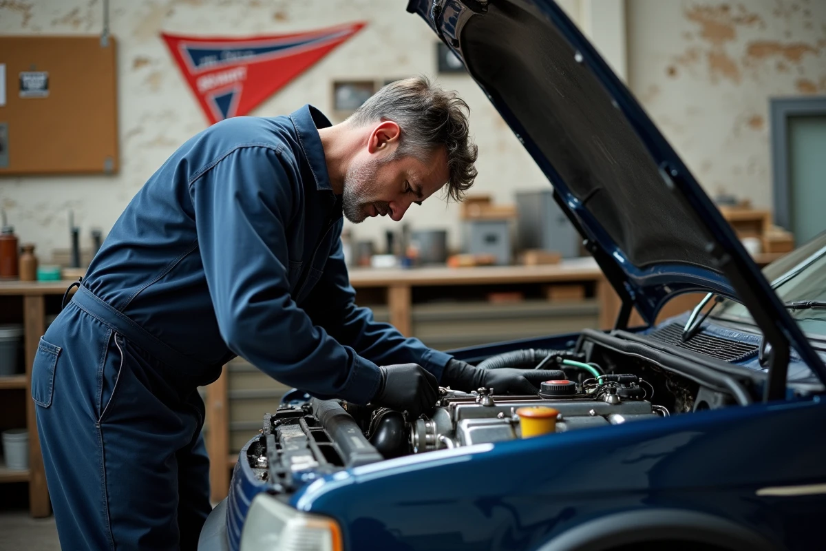 Mécanicien spécialiste inspectant le compartiment moteur d'une Peugeot 306 Maxi dans un garage français