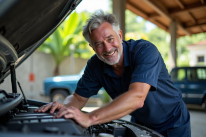 Mécanicien réunionnais souriant inspectant un moteur de voiture