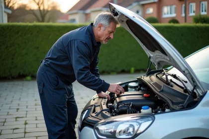 Mécanicien homme vérifiant un moteur de Renault Clio