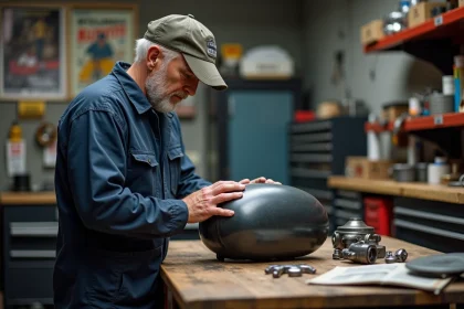 Mécanicien vérifiant le réservoir Yamaha 125 TZR dans l'atelier
