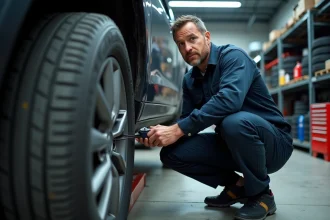 Mécanicien inspectant la profondeur de gomme d'un pneu usagé dans un atelier automobile professionnel