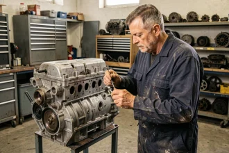 Mécanicien professionnel inspectant un moteur DCi dans un atelier automobile, années de production robustes