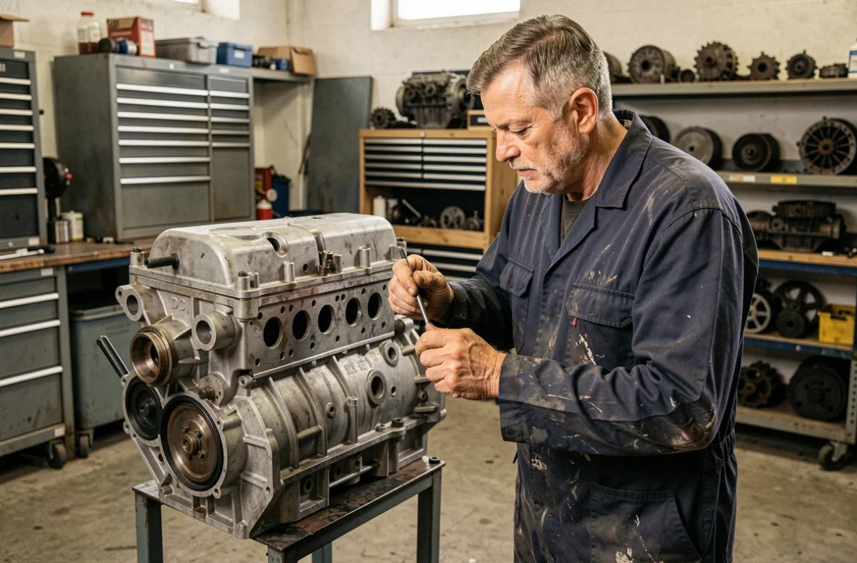 Mécanicien professionnel inspectant un moteur DCi dans un atelier automobile, années de production robustes
