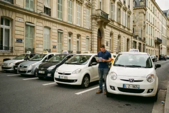 Vue générale d'une auto-école dans la Sarthe avec des voitures d'élèves garées devant un bâtiment en pierre typique du Mans