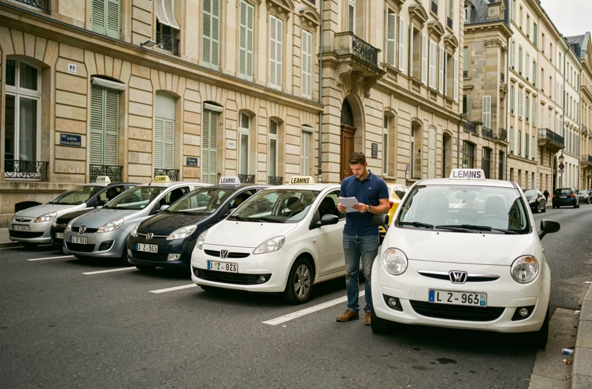 Vue générale d'une auto-école dans la Sarthe avec des voitures d'élèves garées devant un bâtiment en pierre typique du Mans