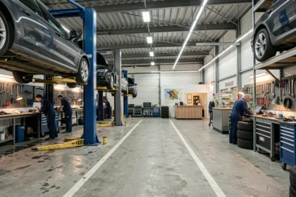 Vue panoramique d'un garage automobile professionnel en Seine-et-Marne avec plusieurs fosses de réparation et mécaniciens au travail
