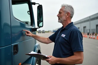 Moniteur d'auto-école expliquant les différences entre permis C et C1 devant un camion poids lourd dans un centre de formation professionnelle