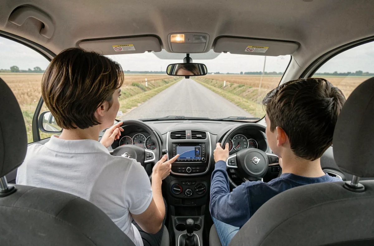 Monitrice et jeune adolescent dans une voiture sans permis sur une route de campagne