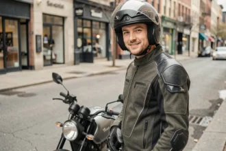 Motard en veste textile debout à côté de sa moto dans une rue urbaine, illustrant le choix d'une assurance moto adaptée