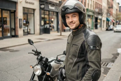 Motard en veste textile debout à côté de sa moto dans une rue urbaine, illustrant le choix d'une assurance moto adaptée
