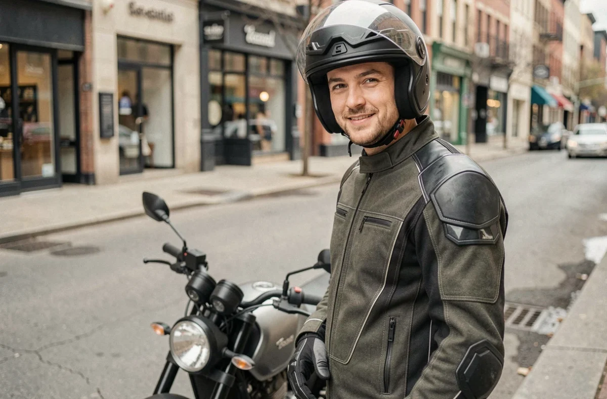 Motard en veste textile debout à côté de sa moto dans une rue urbaine, illustrant le choix d'une assurance moto adaptée