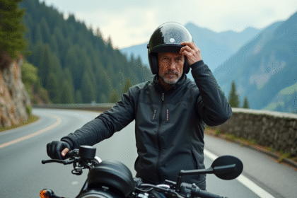 Motard attachant son viseur Pinlock sur sa moto en montagne