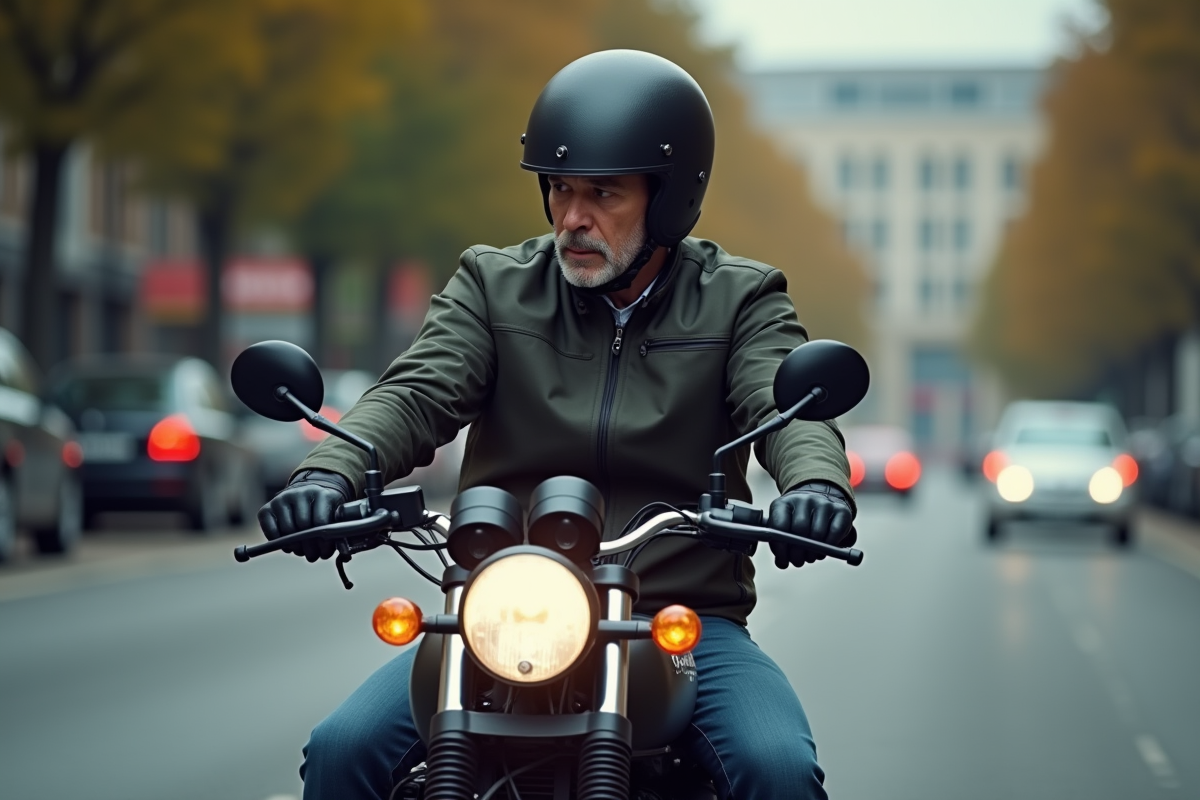 Motard homme vérifiant son clignotant en ville