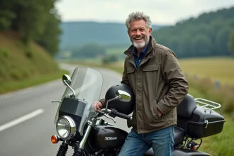 Motard souriant avec moto de tourisme en paysage rural