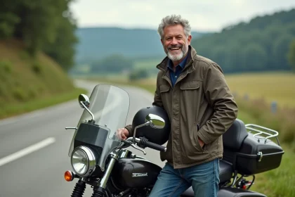 Motard souriant avec moto de tourisme en paysage rural