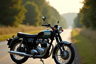 Moto Triumph vintage des années 1960 garée sur le bord d'une route rurale étroite, évoquant l'accident de Bob Dylan du 29 juillet 1966