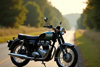 Moto Triumph vintage des années 1960 garée sur le bord d'une route rurale étroite, évoquant l'accident de Bob Dylan du 29 juillet 1966