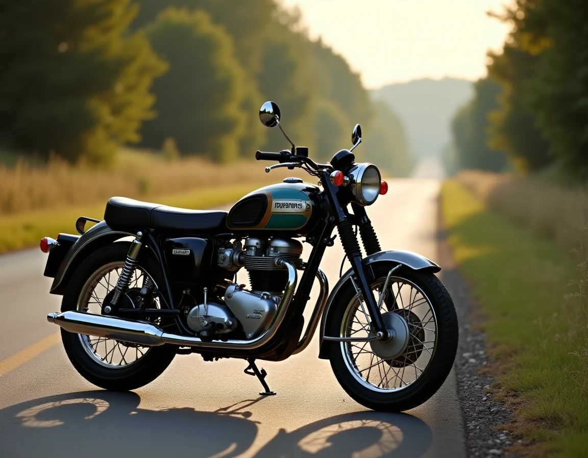 Moto Triumph vintage des années 1960 garée sur le bord d'une route rurale étroite, évoquant l'accident de Bob Dylan du 29 juillet 1966