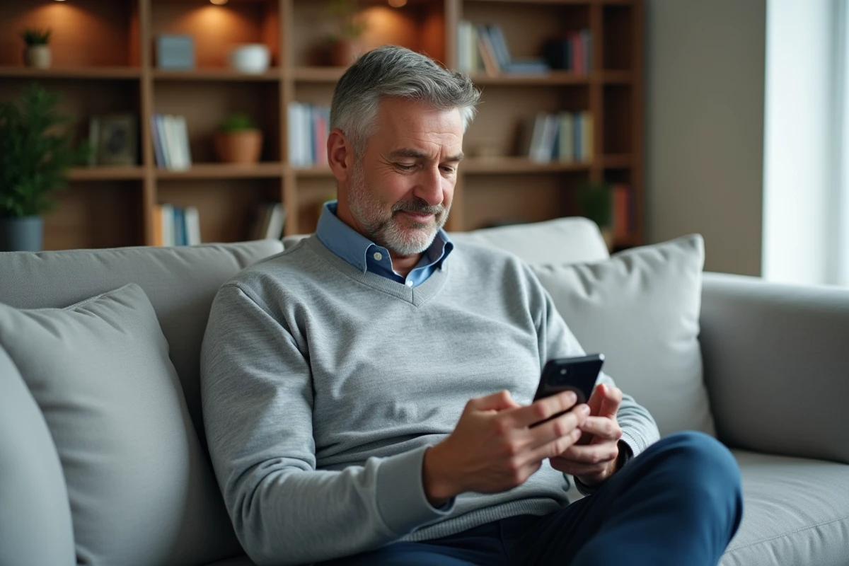 Homme accédant au numéro d'assistance Groupama via l'application mobile depuis son salon